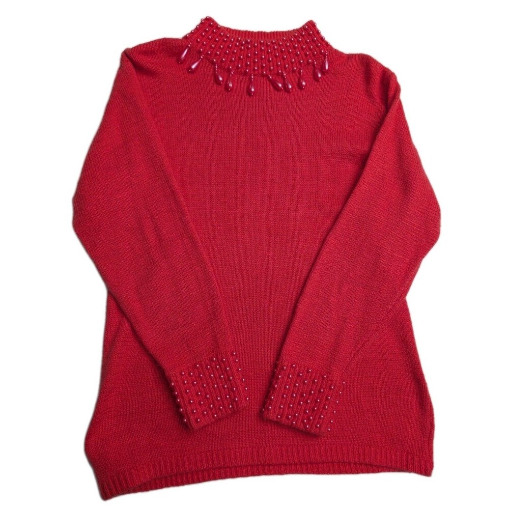 Eminent Vintage Red Pearl Beaded Mock Neck Sweater M Grandmacore Cozy Knit